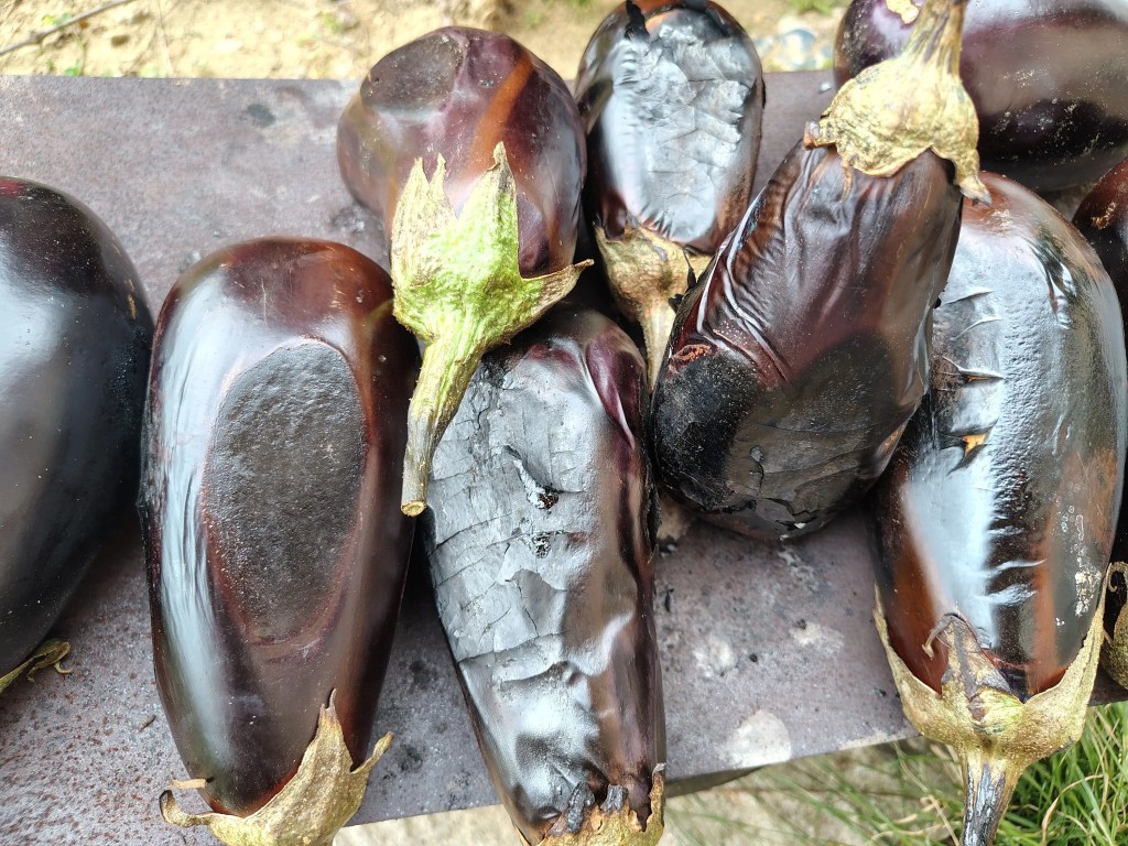 Eggplants roasting over open flame, with skins starting to blister and darken during the middle stage of the roasting process