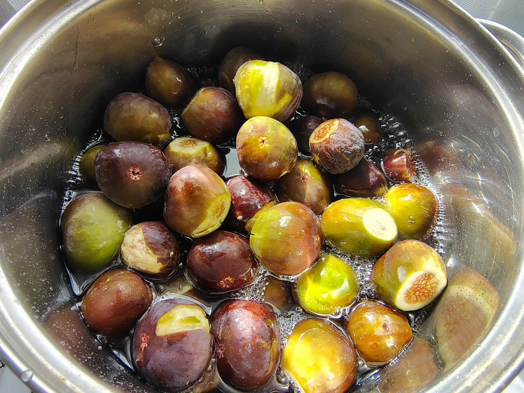 Whole fresh figs added to the hot sugar syrup at the beginning of the cooking process for homemade fig jam.