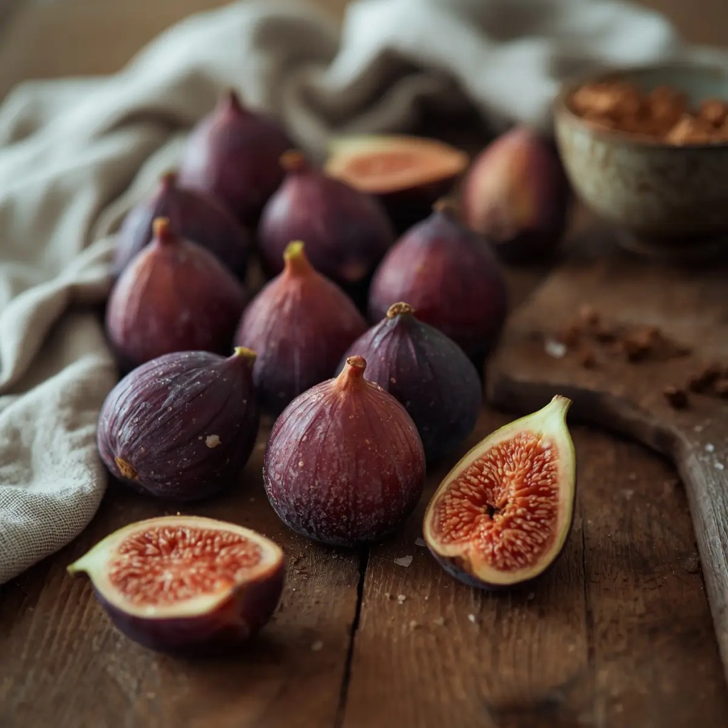 A rustic ceramic bowl filled with golden-purple fig preserve, surrounded by fresh whole and halved figs on a wooden surface.