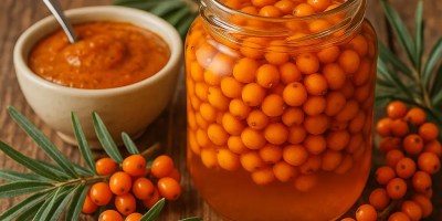 Jar of homemade sea buckthorn with honey on a rustic wooden table surrounded by fresh orange berries and a honey dipper