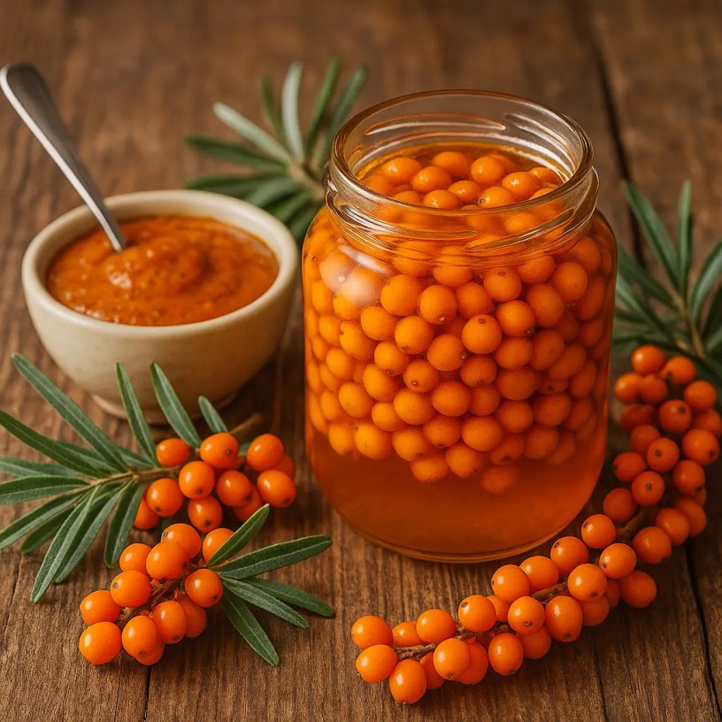Jar of homemade sea buckthorn with honey on a rustic wooden table surrounded by fresh orange berries and a honey dipper