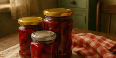 Three jars of traditional Romanian whole-fruit strawberry preserve displayed on a rustic wooden table in a vintage kitchen setting.