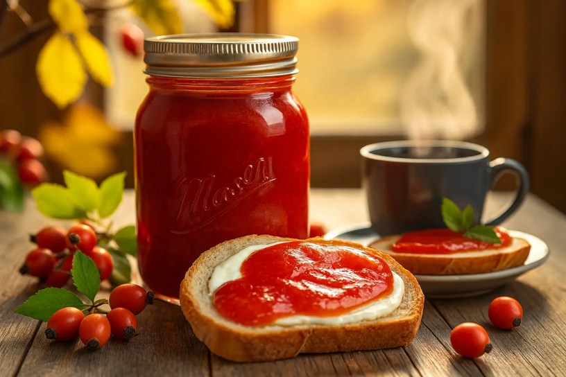 A jar of silky rosehip jam next to toast with jam and butter, surrounded by fresh rosehips and autumn leaves on a rustic wooden table