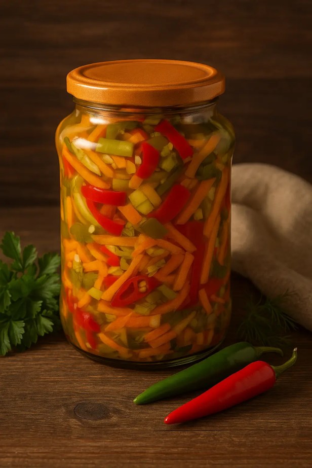 A rustic glass jar filled with a colorful homemade mix of spicy peppers, carrots, and celery in vinegar brine, styled on a wooden table with fresh herbs and whole chilies.