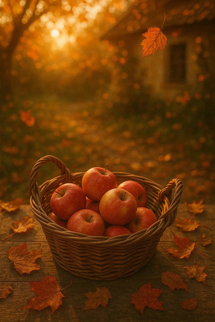 Golden autumn light with rustic apples and falling leaves in a warm, grounding atmosphere.