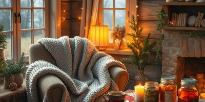 A cozy winter living room with warm lights, a soft knitted blanket on an armchair, candles, evergreen decorations, and jars of homemade preserves on a wooden table.