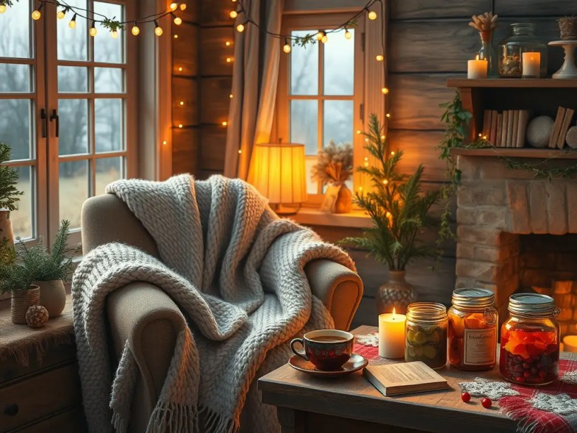 A cozy winter living room with warm lights, a soft knitted blanket on an armchair, candles, evergreen decorations, and jars of homemade preserves on a wooden table.