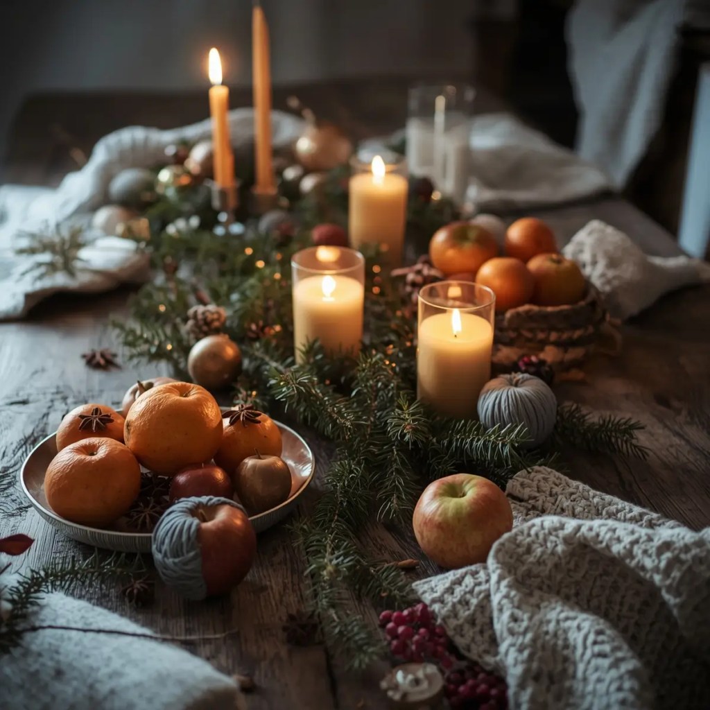 A warm December scene with candlelight, winter greenery, oranges, apples, and cozy textures.