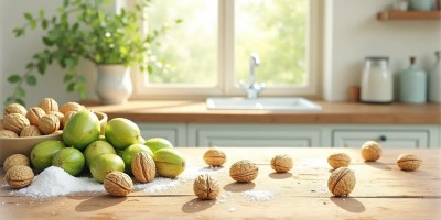 One-page printable guide for making traditional green walnut preserve, shown with fresh walnuts and simple kitchen elements.