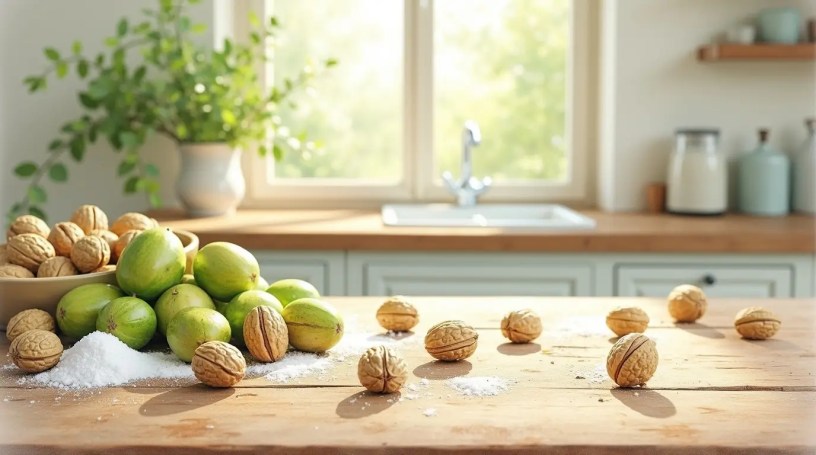 One-page printable guide for making traditional green walnut preserve, shown with fresh walnuts and simple kitchen elements.