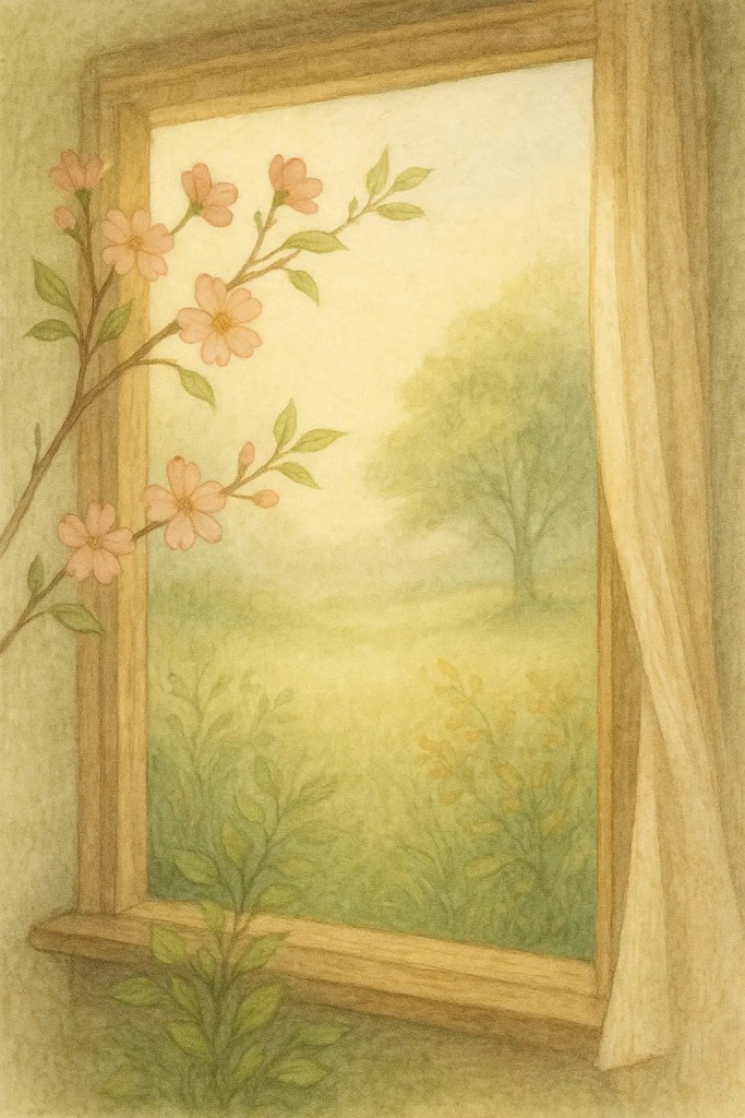 Soft spring light with blooming branches and fresh greenery in a gentle, hopeful atmosphere.