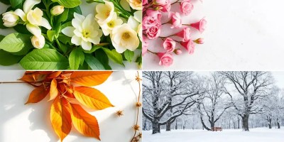 A four-season collage with spring flowers, pink roses, autumn leaves, and a snowy winter landscape, symbolizing the emotional arc of a seasonal year.