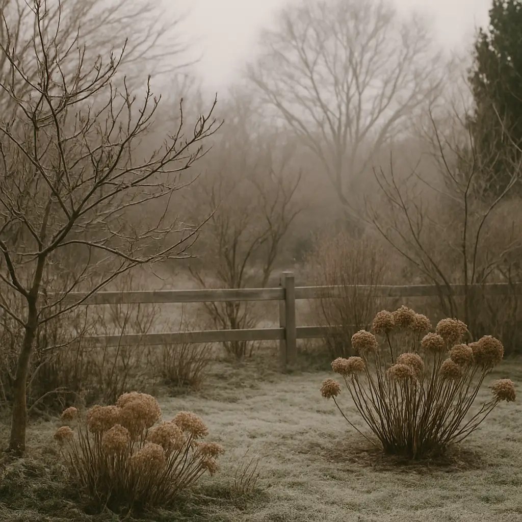 A quiet winter garden with dormant branches and soft cold light.