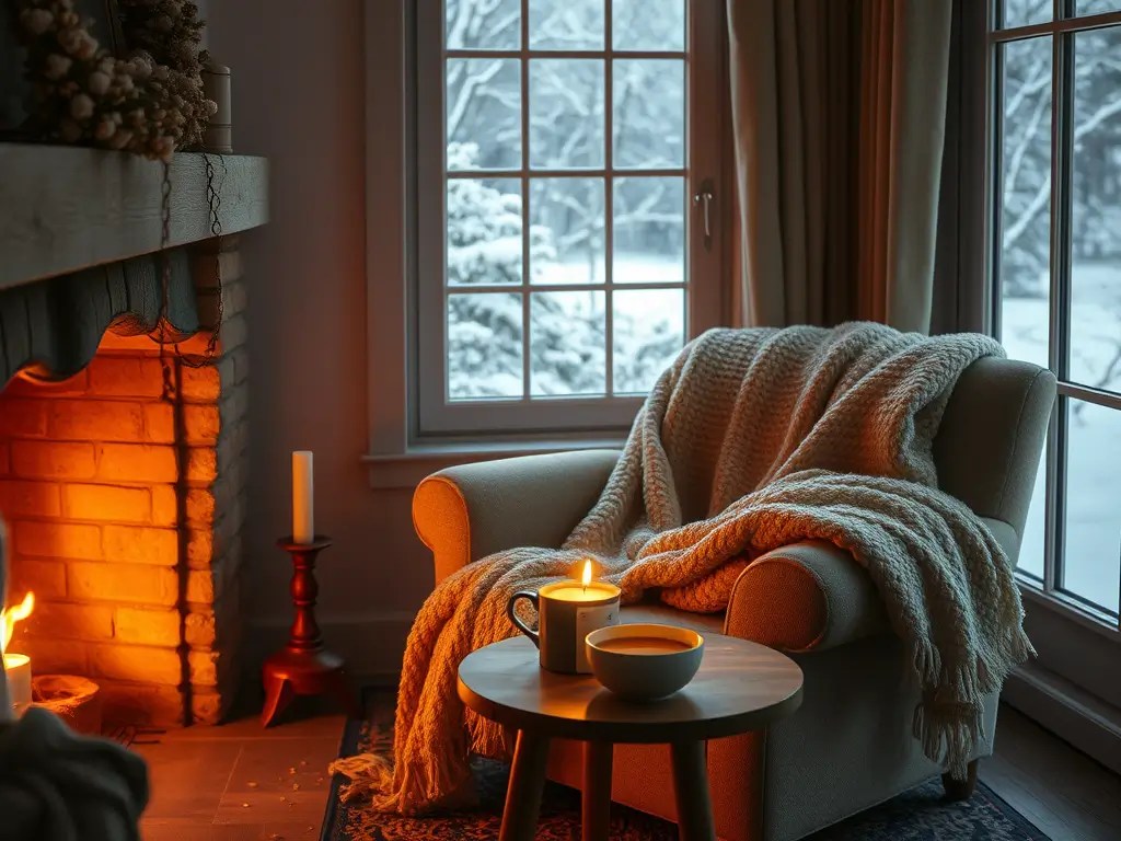 Soft winter light falling across a cozy room with warm textures, gentle shadows, and a calm seasonal atmosphere.