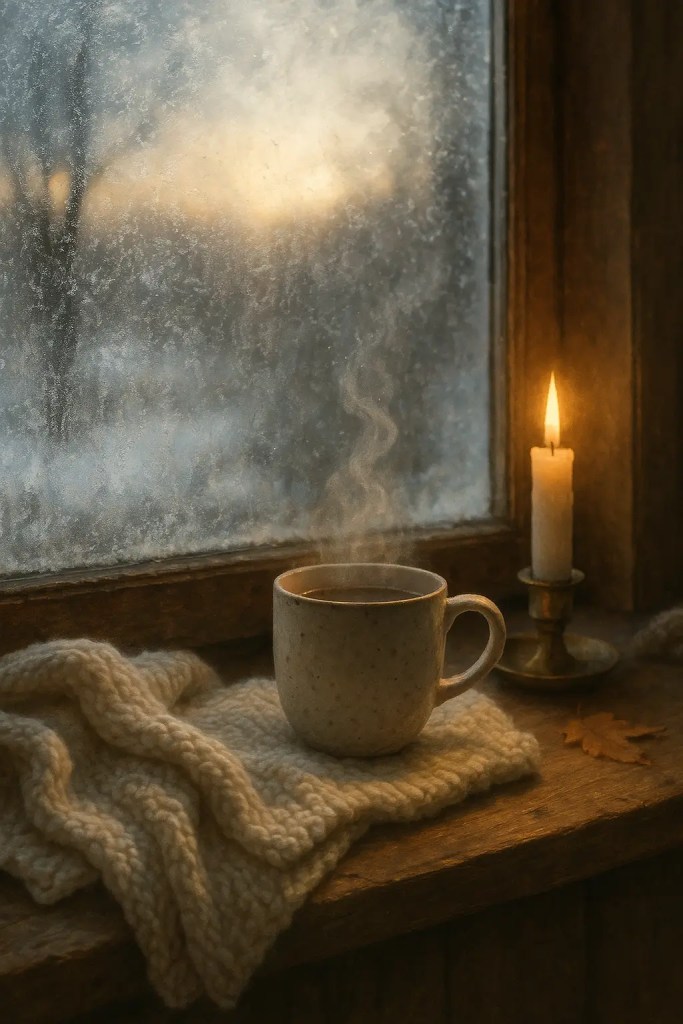 A peaceful winter scene with soft light, warm textures, and a steaming mug.